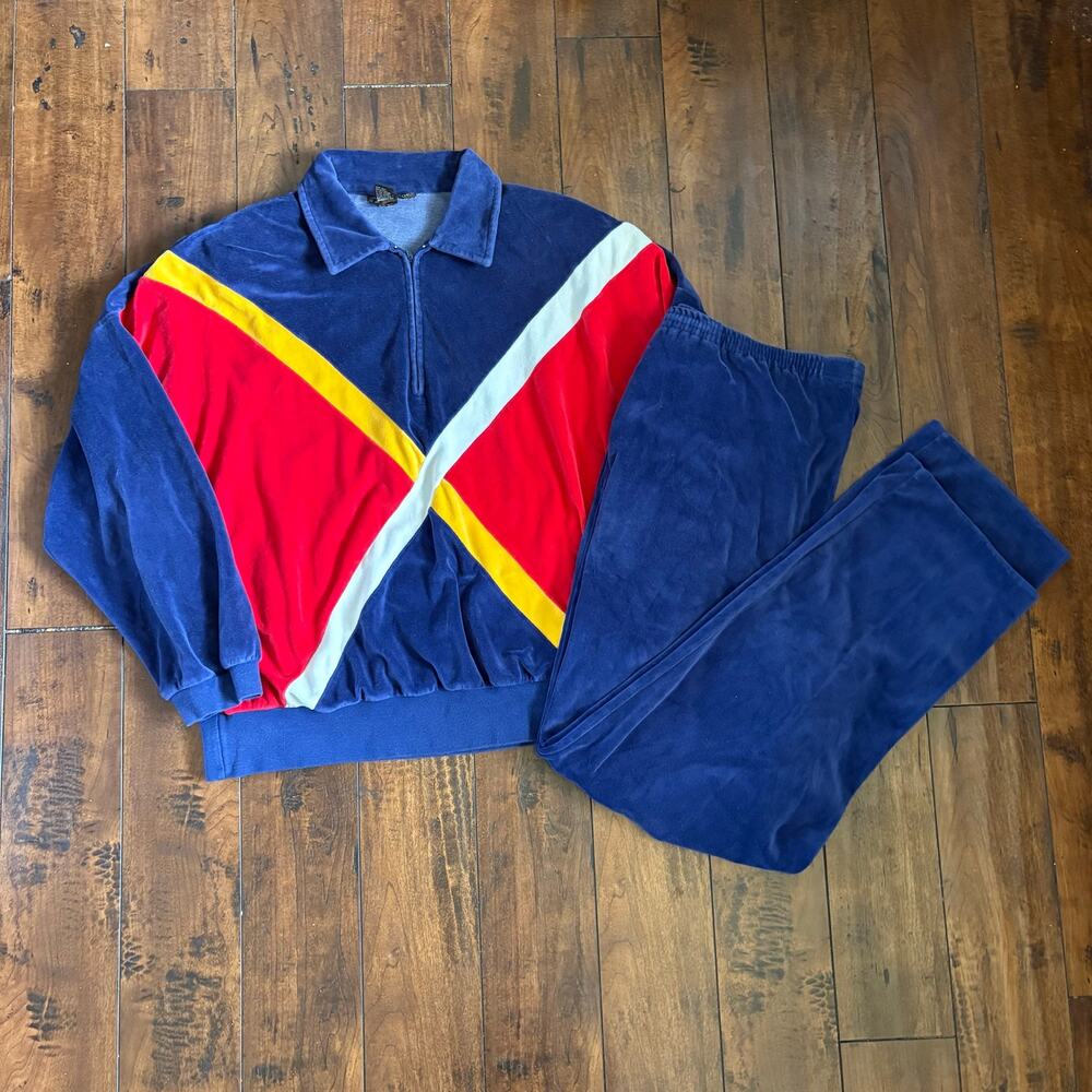 Vintage 80s Velour Tracksuit Mens L Navy Blue 1/4 Zip Colorblock Geometric Retro